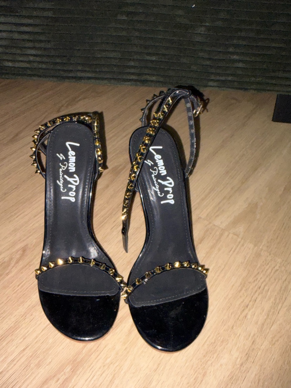 Lemon Drop by Privileged Black & Gold Spike Heels